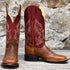 View of Hondo 13" cowboy boot with red volcano top, rust oil tan vamp, and wide square toe