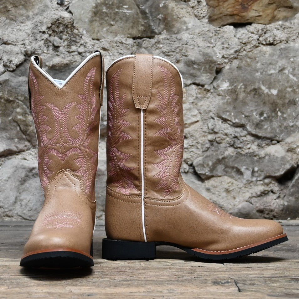 Smoky Mountain Mustang kids’ tan leather boot with U-toe and block heel