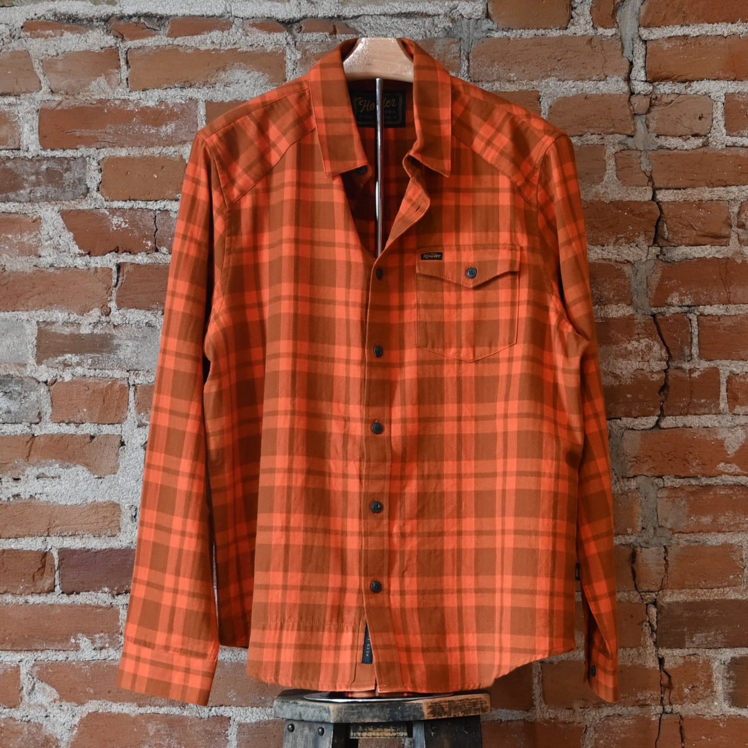 Howler Bros La Grange Lightweight Flannel shirt in Cohen Plaid Pumpkin, chest pockets and plaid pattern