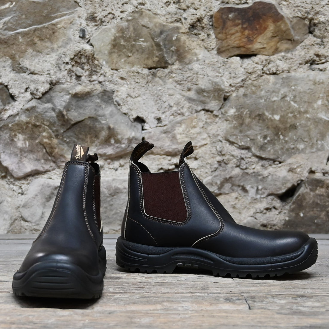 Blundstone slip-on work boot in brown oiled leather with steel toe and safety-rated outsole