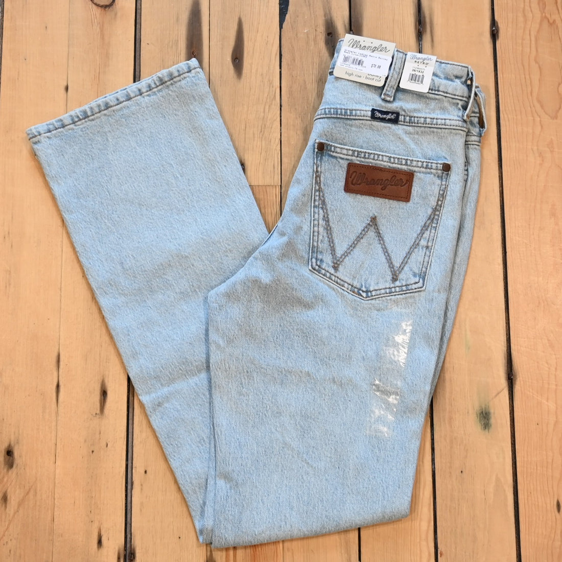 View of Wrangler Ladies Retro Bailey boot cut jeans in Lila wash with slim fit and high-rise waist
