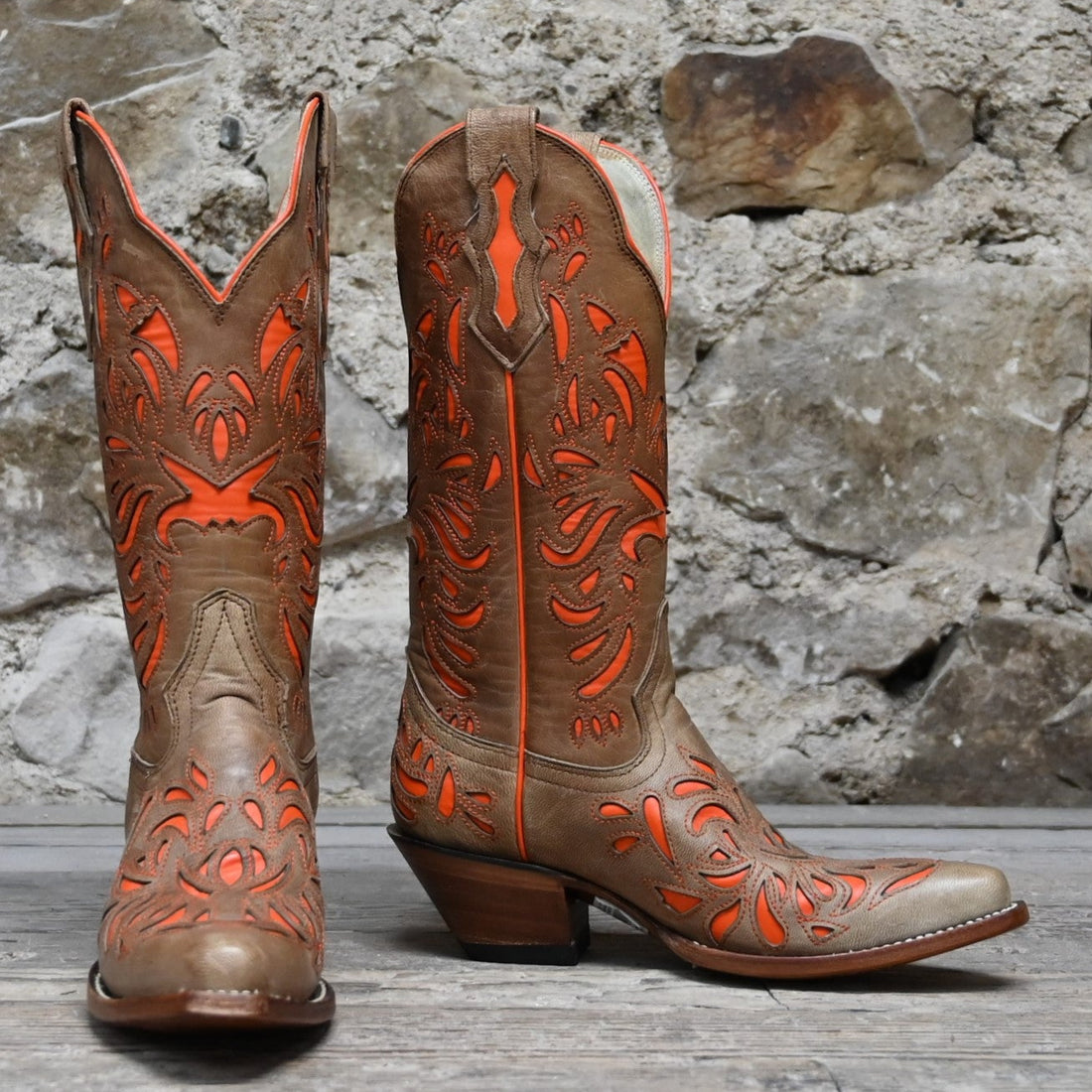 View of Hondo 13" cowboy boot in brown vintage goat with orange inlays and snip toe