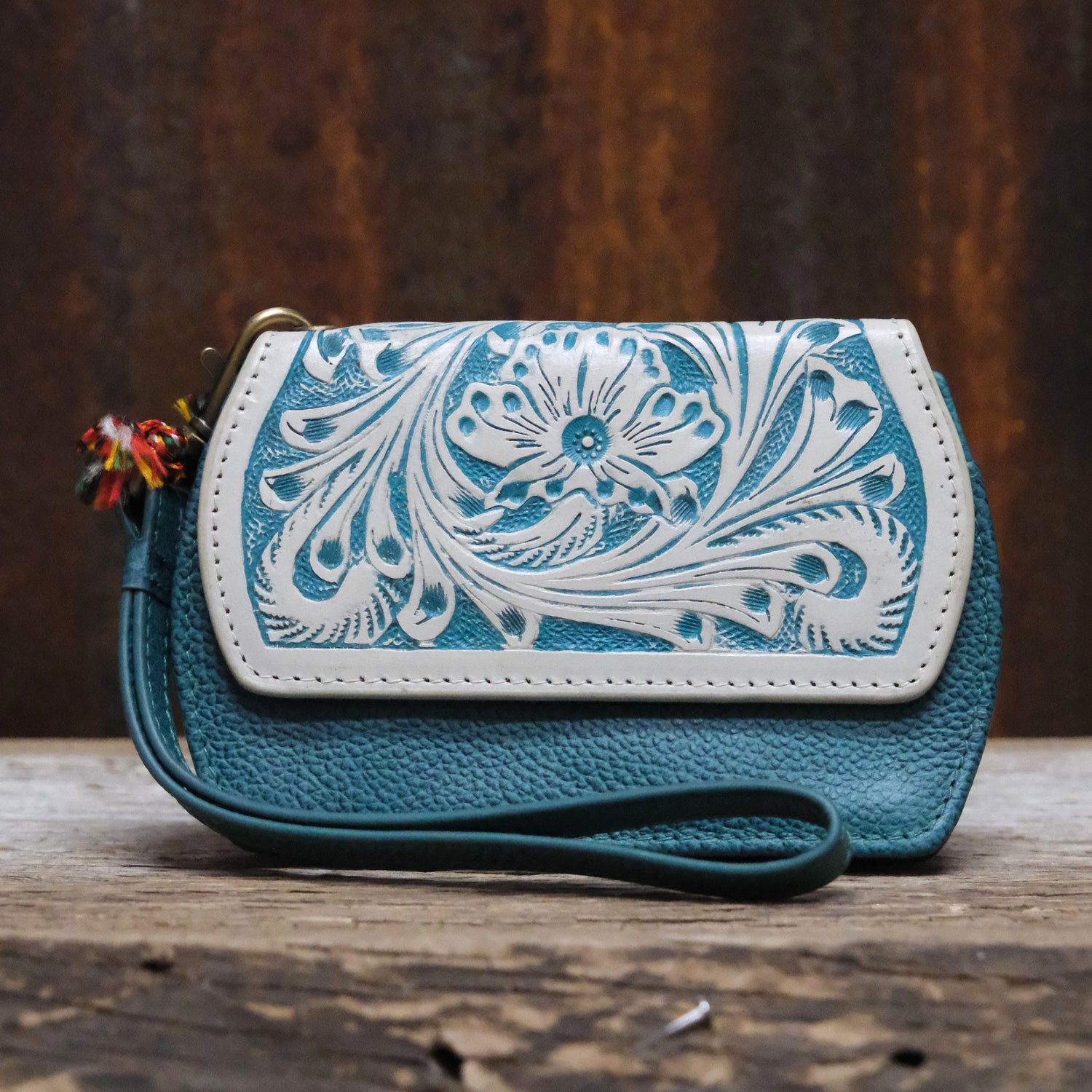 Myra turquoise Canyon Bloom canvas wallet with leather trim and zipper closure
