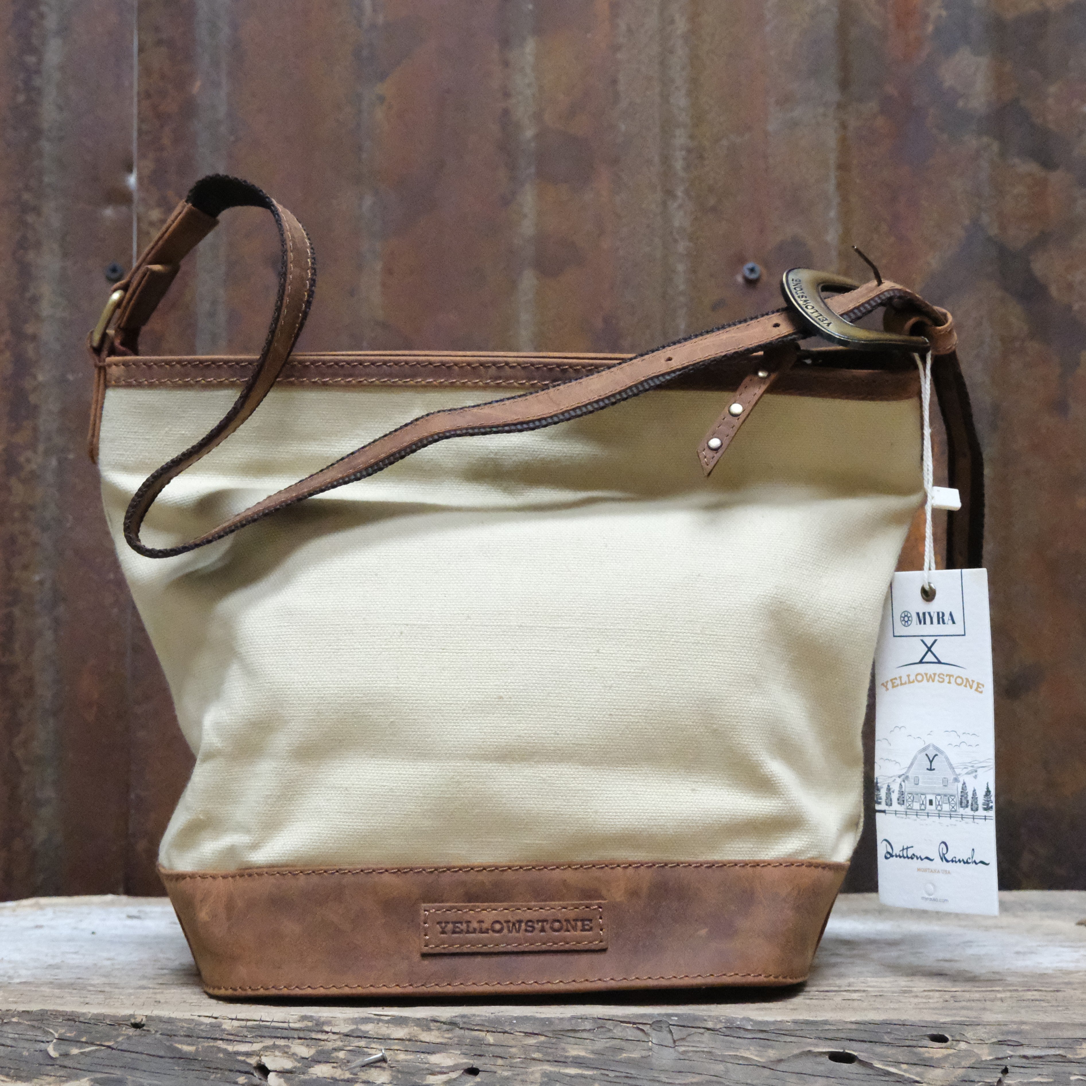 Myra Yellowstone Ivory Dominion printed canvas shoulder bag with leather trim and shoulder strap