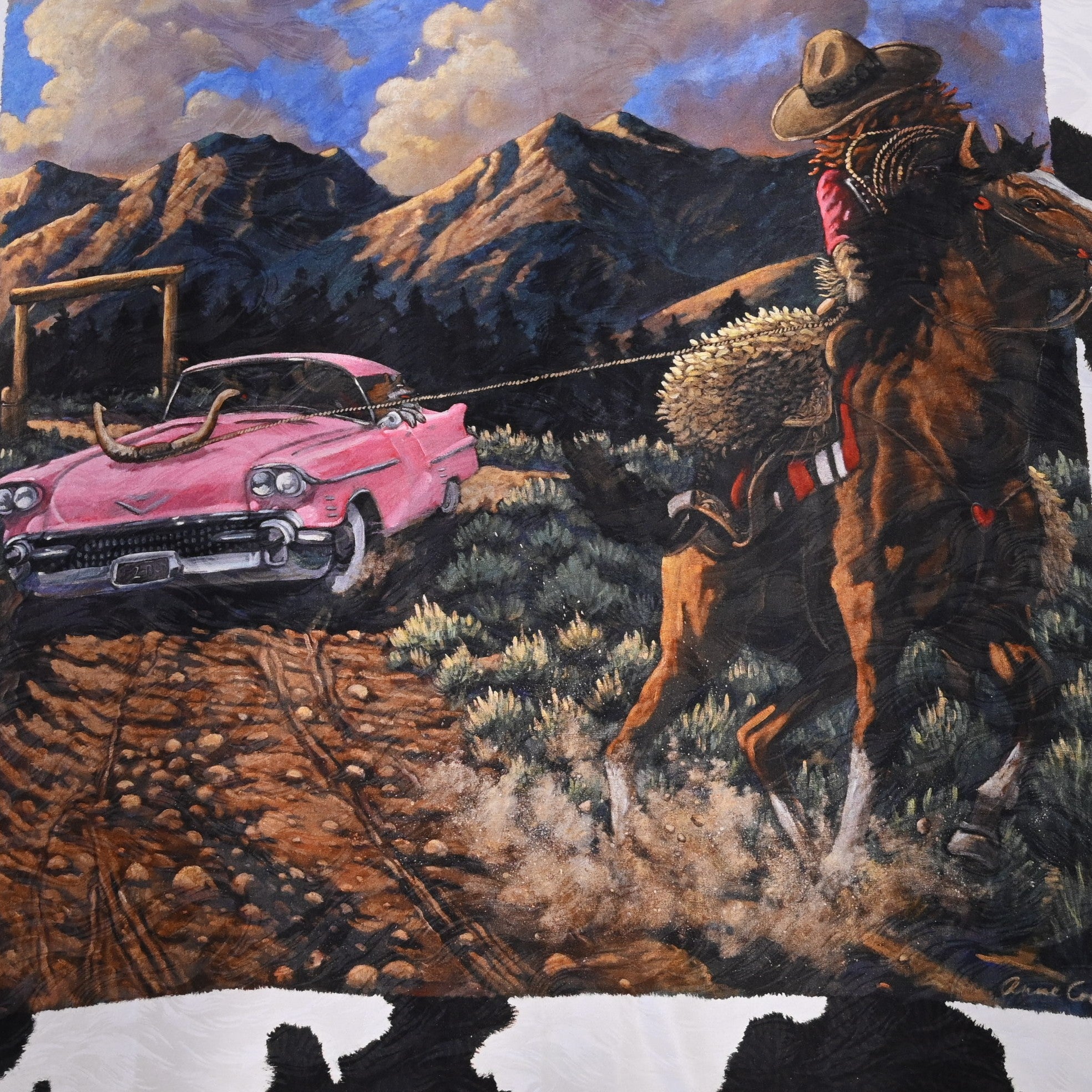 Rockmount silk scarf “Buffalo Bill Goes West” with Western artwork in muted tones, 36″ × 36″