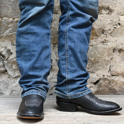 View of Hondo 13&quot; all-black cowboy boot with bullhide vamp, medium round toe, and pull straps