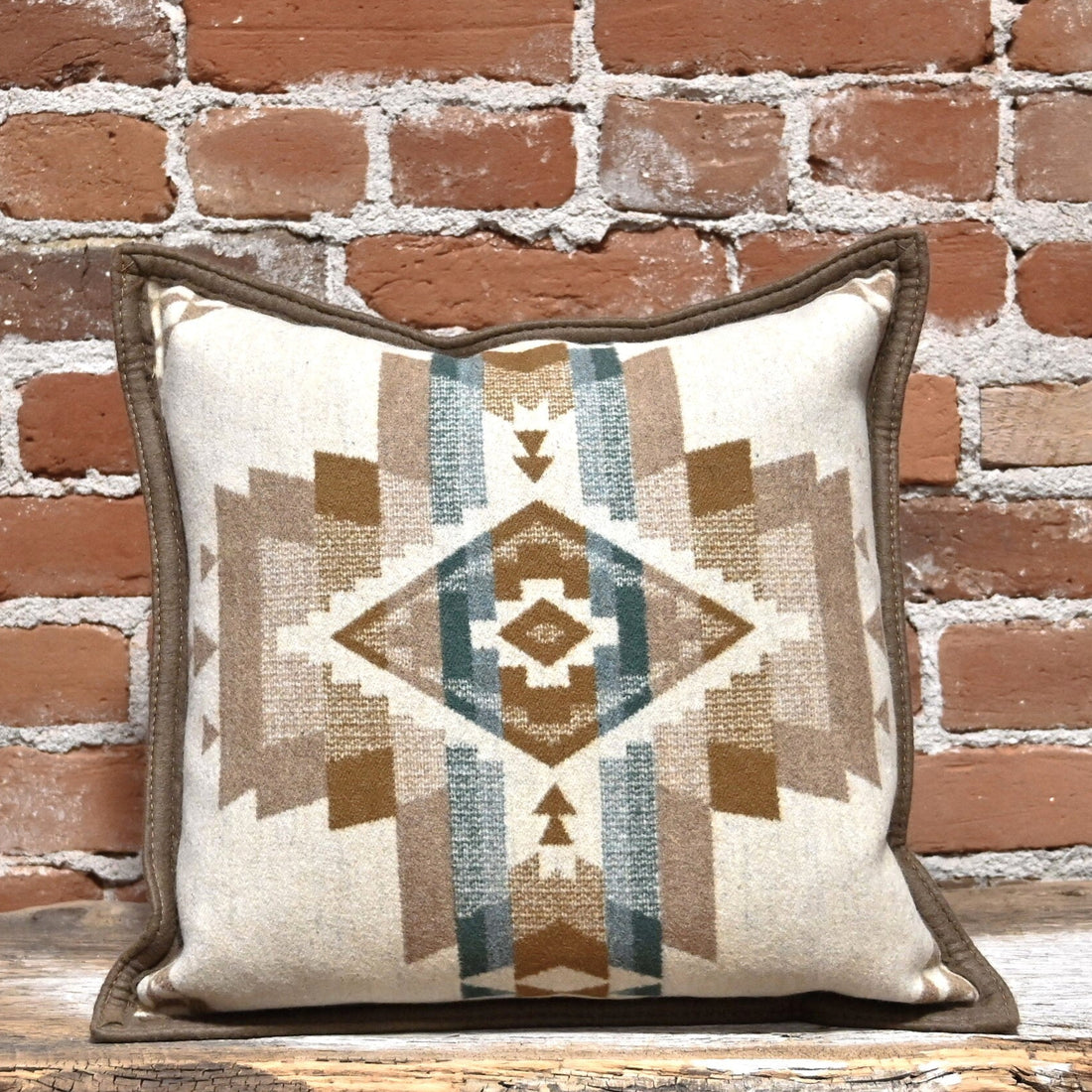 View of Pendleton Rock Point pillow in ivory mix geometric wool-blend with feather down insert