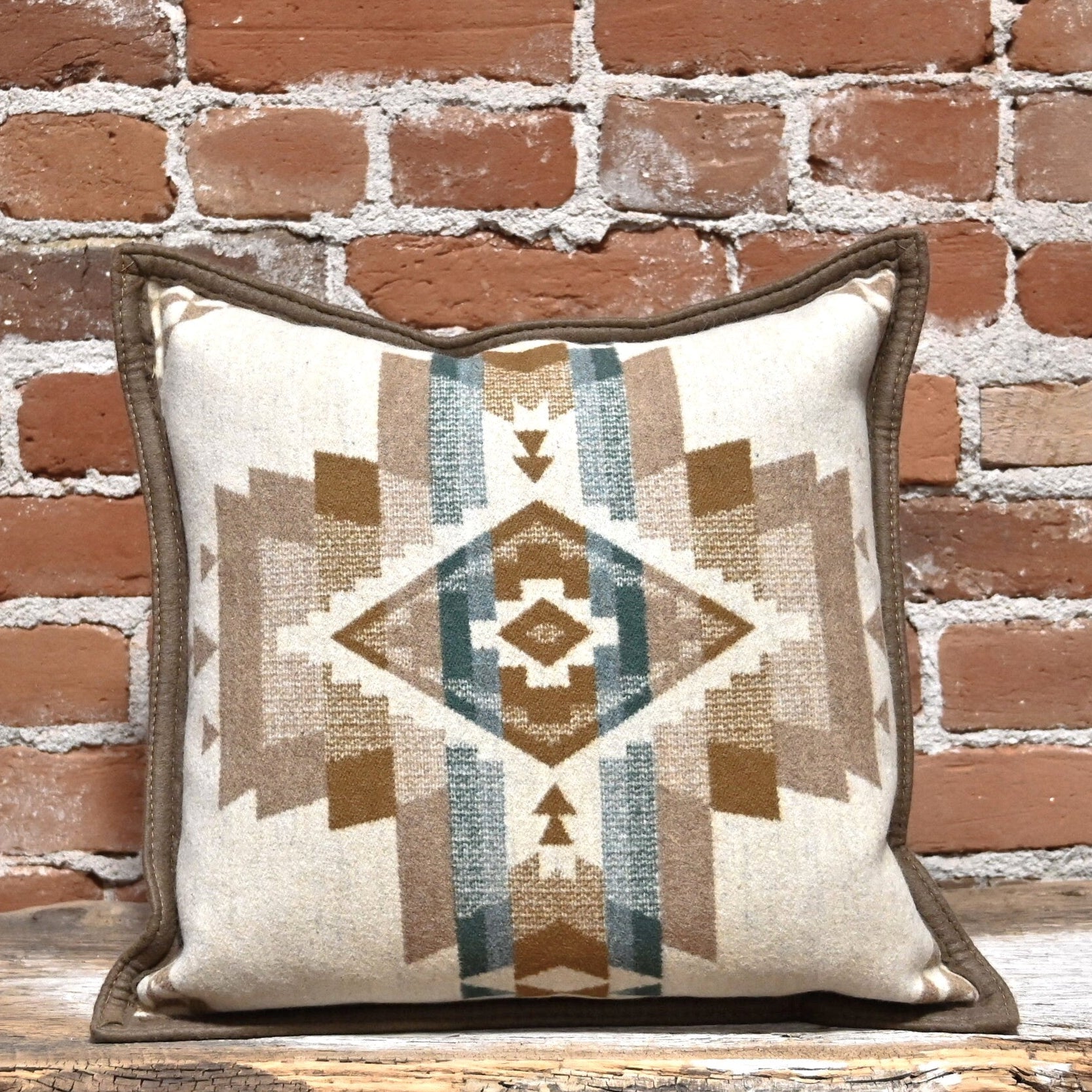 View of Pendleton Rock Point pillow in ivory mix geometric wool-blend with feather down insert