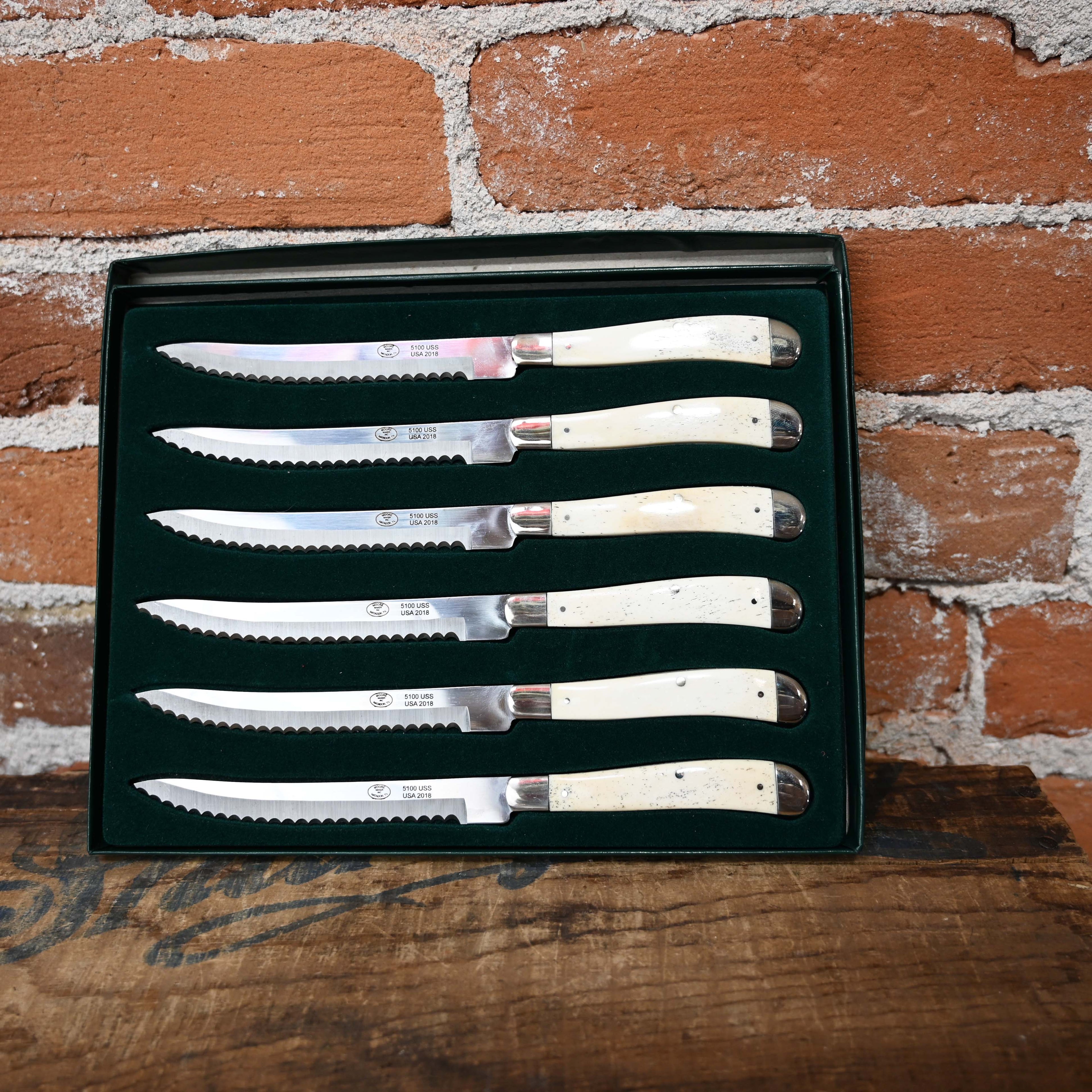 Moore Maker set of 6 white bone steak knives with serrated stainless blades, full tang, USA made