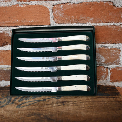 Moore Maker set of 6 white bone steak knives with serrated stainless blades, full tang, USA made