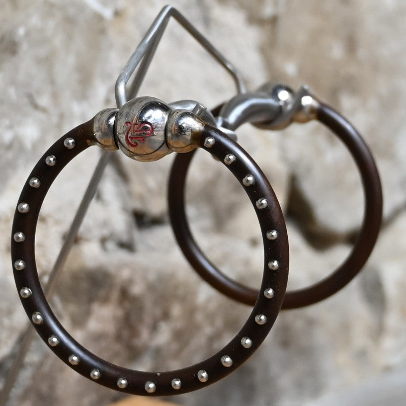 Tom Balding Ballhinge Ring Snaffle with sweet iron mouthpiece, copper inlays, and brown dot-finished ring.