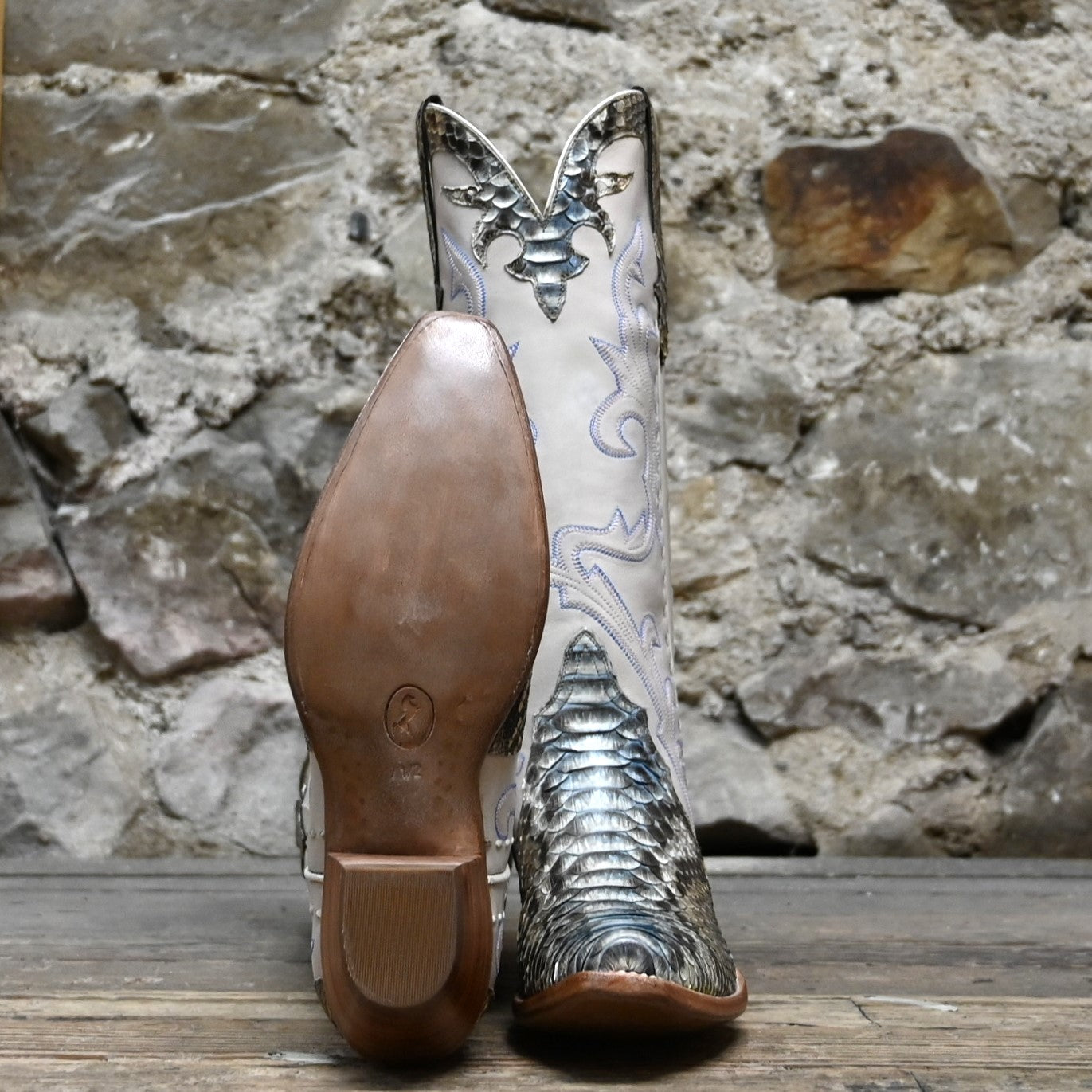 View of Stallion Ladies 14&quot; Gallegos boot with painted blue python, cream calf top, and snip toe