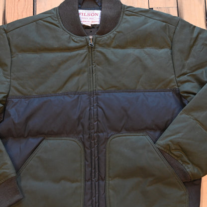 Filson down bomber jacket in otter green, waxed cotton shell with insulated down core