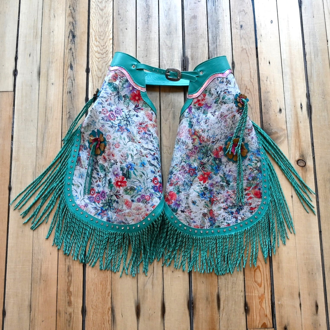 View of Heart of the West Floral Acid Wash Chinks with fringe detailing (34-38 inch waist)