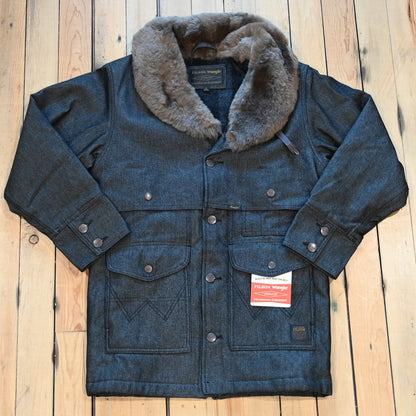 Filson × Wrangler Packer Jacket in black denim, wool-lined with shearling collar