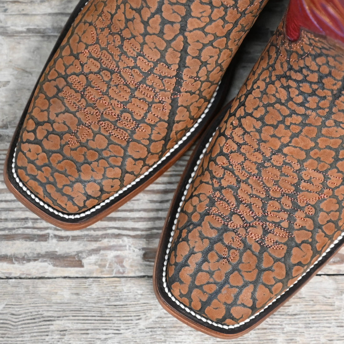View of Hondo 13&quot; cowboy boot with red volcano top, sand nubuck bullhide vamp, and medium square toe