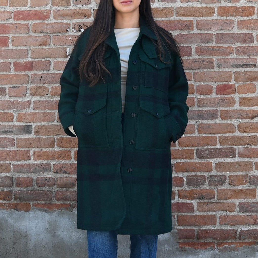 Filson Ladies Wool Long Cruiser Coat – Otter Green / Black Plaid