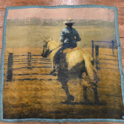 Rockmount Cowgirl in the Corral silk scarf, 36 × 36, Western scene by Terry Gardner