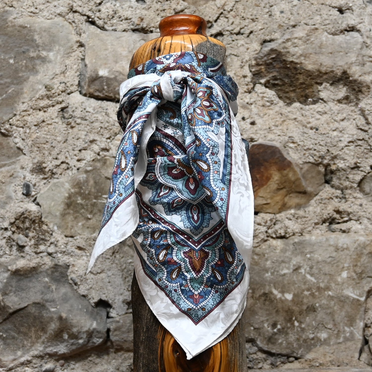 Schaefer burgundy cream and blue paisley silk wild rag with white border 36x36