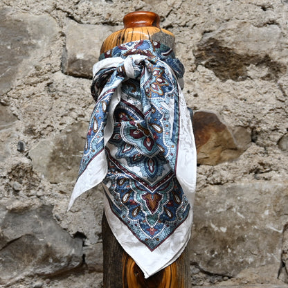 Schaefer burgundy cream and blue paisley silk wild rag with white border 36x36