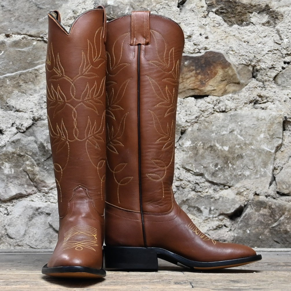 View of Front and Side of Olathe 17&quot; Leather Polo Style Boots, With Brown Mule Vamp and Roper Heel, Yellow Toe Bug Stitching.