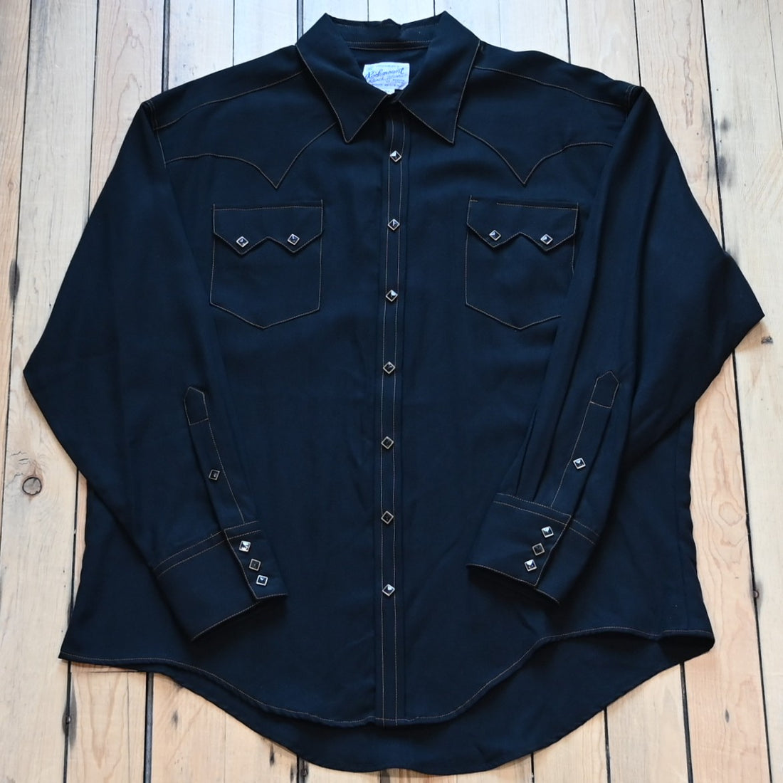 View of Black rayon herringbone Western shirt with pocket snaps and yoke detail