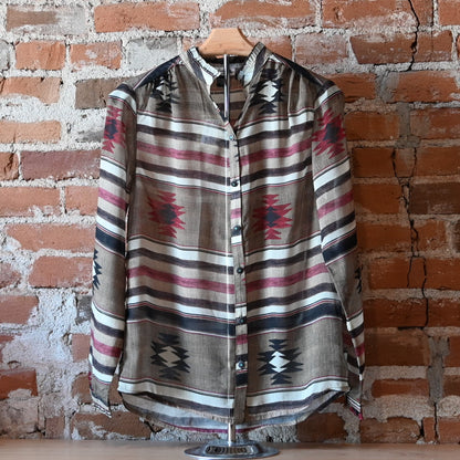 View of Tasha Polizzi Drew Blouse in multicolor Aztec print with long sleeves, button front, and classic collar