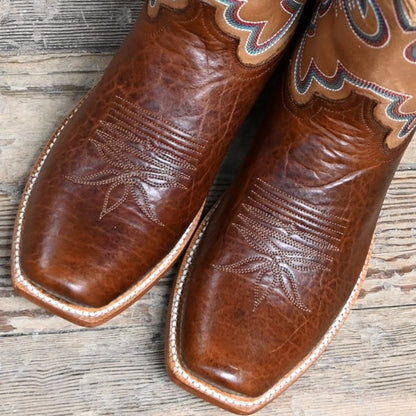 View of Hyer HAYS 13&quot; boots showcasing brown Navaro American Bison vamp and Honey Mestizo cowhide top with Cutter toe and underslung heel