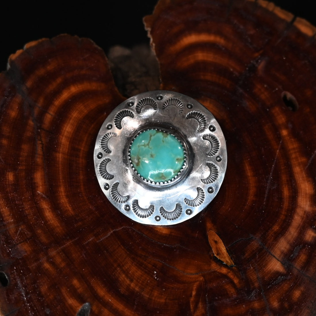 Calico Rose round hair pin in sterling and nickel silver with White Horse turquoise stone