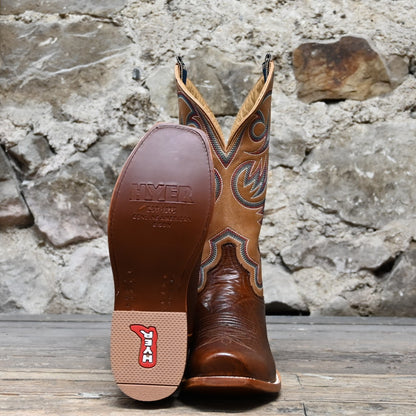 View of Hyer HAYS 13&quot; boots showcasing brown Navaro American Bison vamp and Honey Mestizo cowhide top with Cutter toe and underslung heel