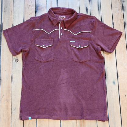 Mahogany Sendero Cantina Terry Polo with Western yokes, chest pockets, and pearl snap closure