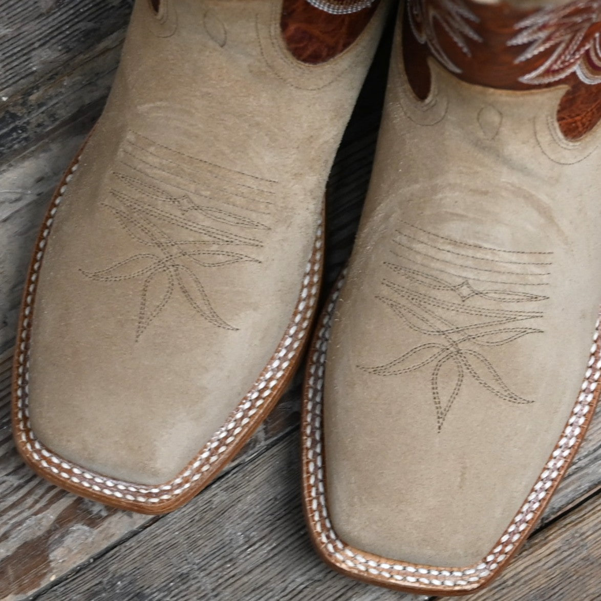 View of Hyer HOLTON 13&quot; boots showcasing sand roughout leather vamp and orange vintage cowhide upper with broad square toe and Stockman block heel