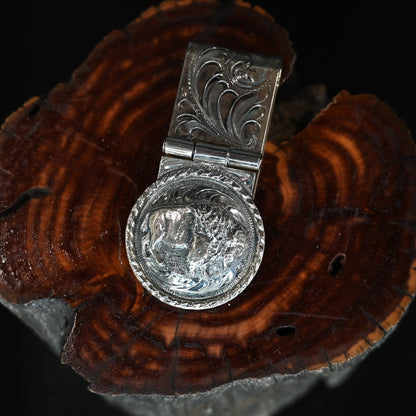 Vogt Bison Tribute sterling silver money clip with cast bison and rope edge design