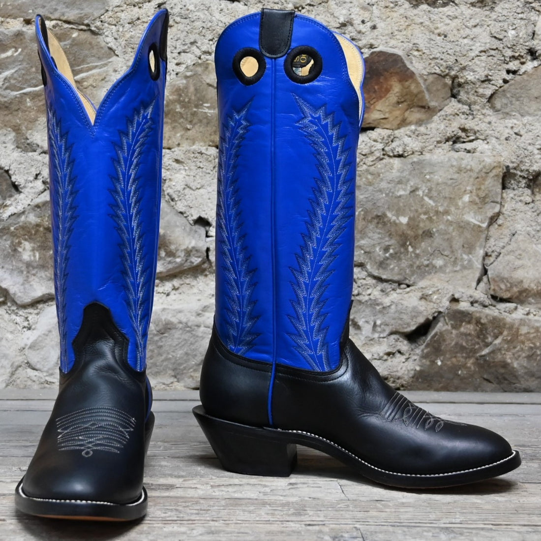 View of Hondo 16" cowboy boot with royal blue top, black retan vamp, pull holes, and medium round toe