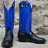 View of Hondo 16" cowboy boot with royal blue top, black retan vamp, pull holes, and medium round toe