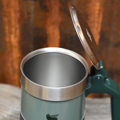 Stanley 24oz Classic Stein in Hammertone Green with vacuum insulation.