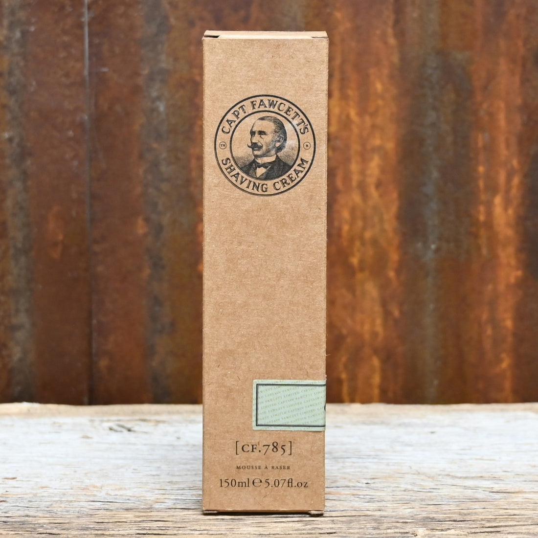 Captain Fawcett Expedition Reserve Shaving Cream tin with pine, tobacco, and sandalwood fragrance notes