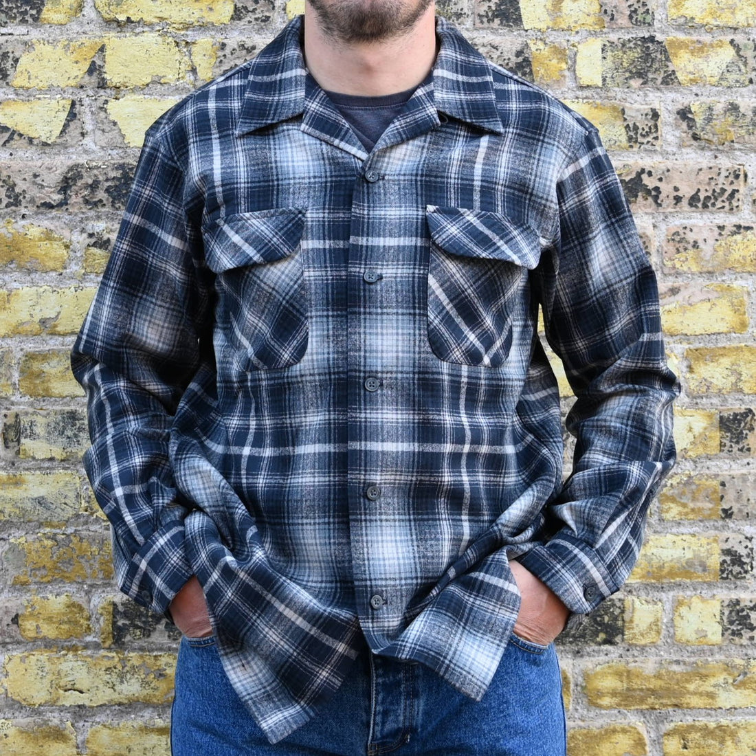 View of Pendleton grey-to-tan ombre wool board shirt with bias chest pockets