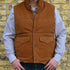 View of Schaefer men’s honey suede vest with Western yoke, fleece-lined pockets, and brass snap closure