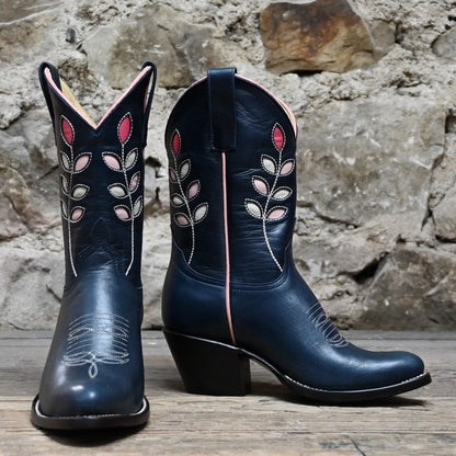 View of Macie Bean 10″ boot with navy glazed cowhide, berry inlays, almond toe, and cowgirl heel