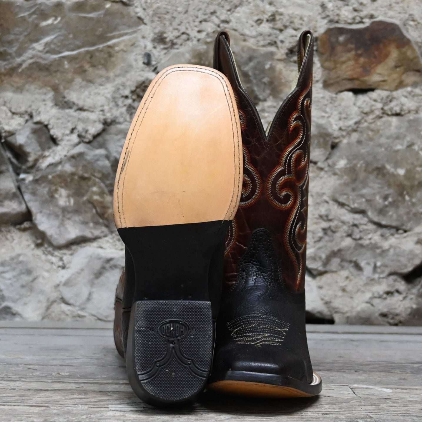 View of Hondo 13&quot; cowboy boot with rust volcano top, brown volcano vamp, and medium round toe