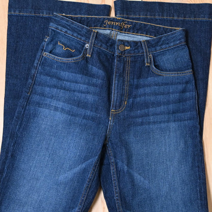 View of Kimes Ranch Jennifer Jeans in Dark Wash, featuring an ultra-high rise and super wide flare leg with hand-sanding and whisker details