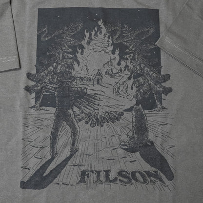 View of Filson S/S Frontier Graphic T in Tarmac/Vis, featuring custom flame graphics and a durable rib-knit collar