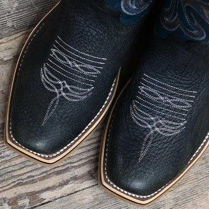 Horse Power 15″ Blue Texas boot with dark teal shaft and black rock leather vamp