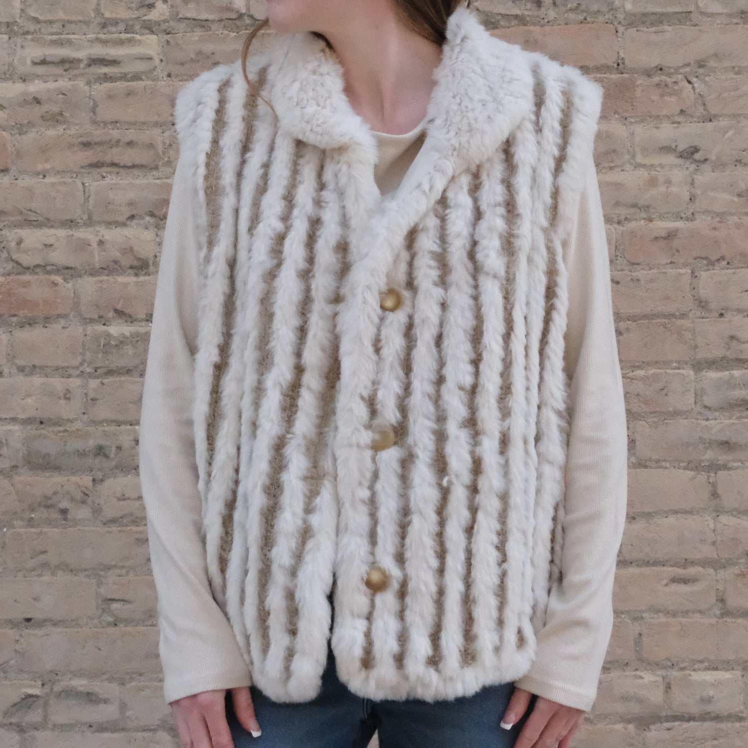 Morris Kaye beige reversible rabbit fur vest with silky exterior