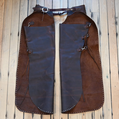 View of K Bar J Batwing Chap in size Large with rivets and a pocket