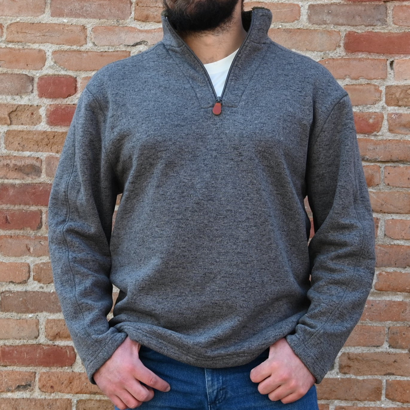 View of Schaefer Elkhorn quarter-zip pullover in navy, taupe, loden, or grey with sherpa-lined collar and leather zipper pull