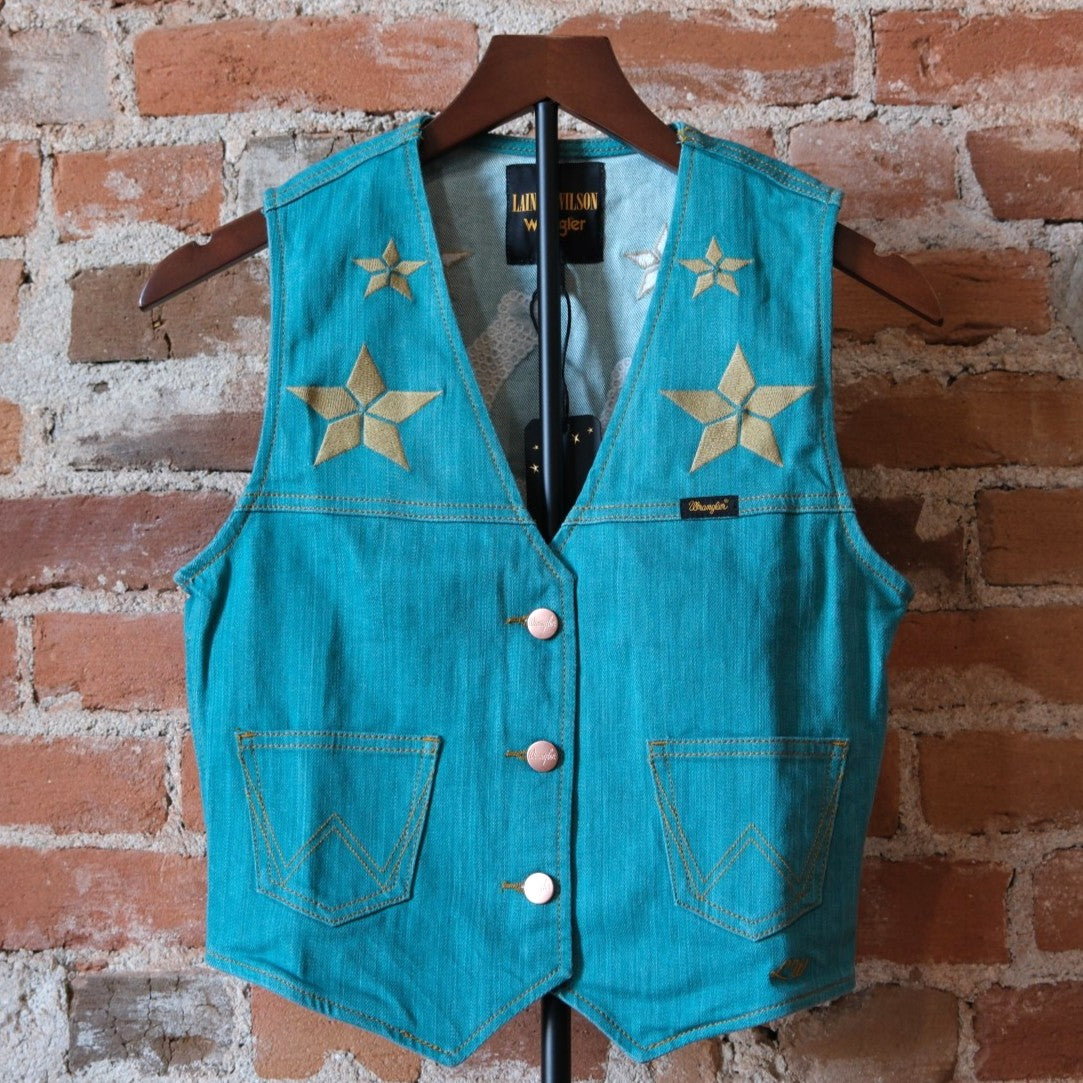 Wrangler x Lainey Wilson Turquoise Denim Vest in Turquoise