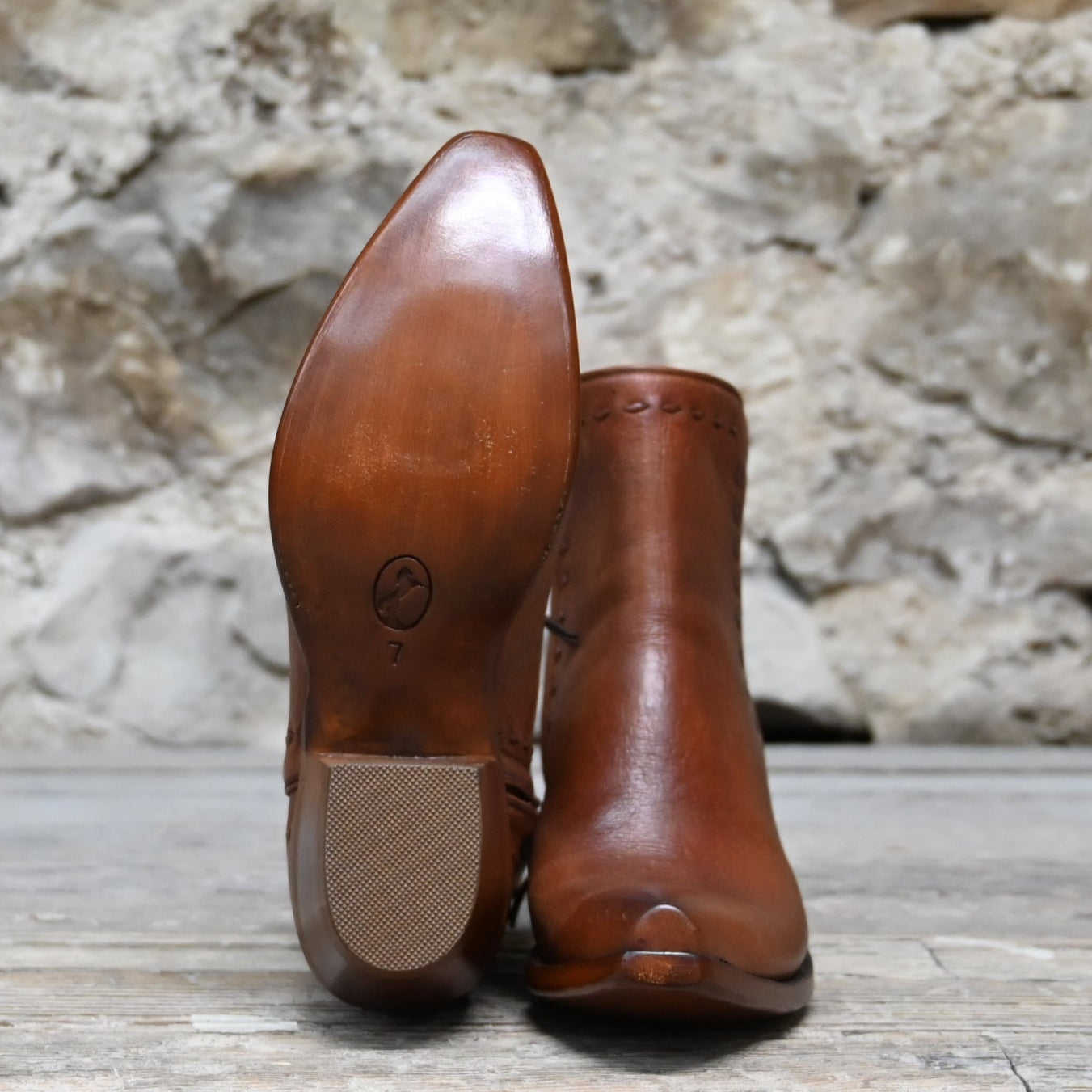 View of Stallion Ladies Zorro zip boot in cognac calf with buckstitching and X 5/8&quot; toe