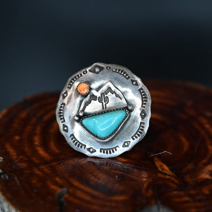 Calico Rose sterling silver scarf slide with Tyrone Turquoise Mountain stone, handmade in Montana